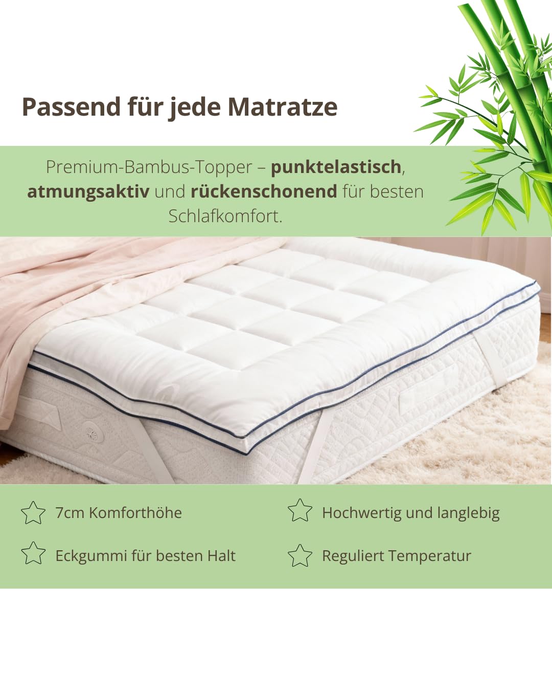 Topper 180x200cm, Bambus-Naturfaser Matratzentopper Viskose, Waschbar