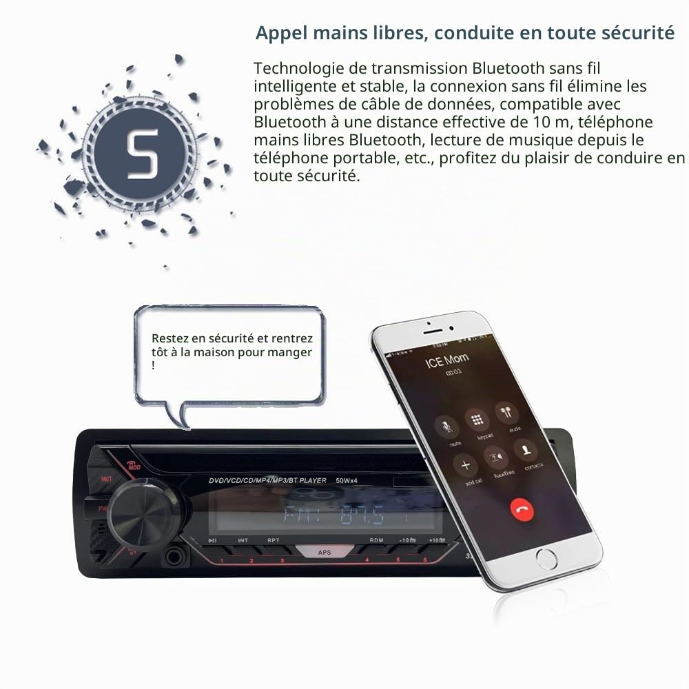 Autoradio Panneau détachable stéréo 1 DIN 12V Radio FM MP3 MP3 Bluetooth CD VCD Récepteur multimédia pour Voiture USB USB