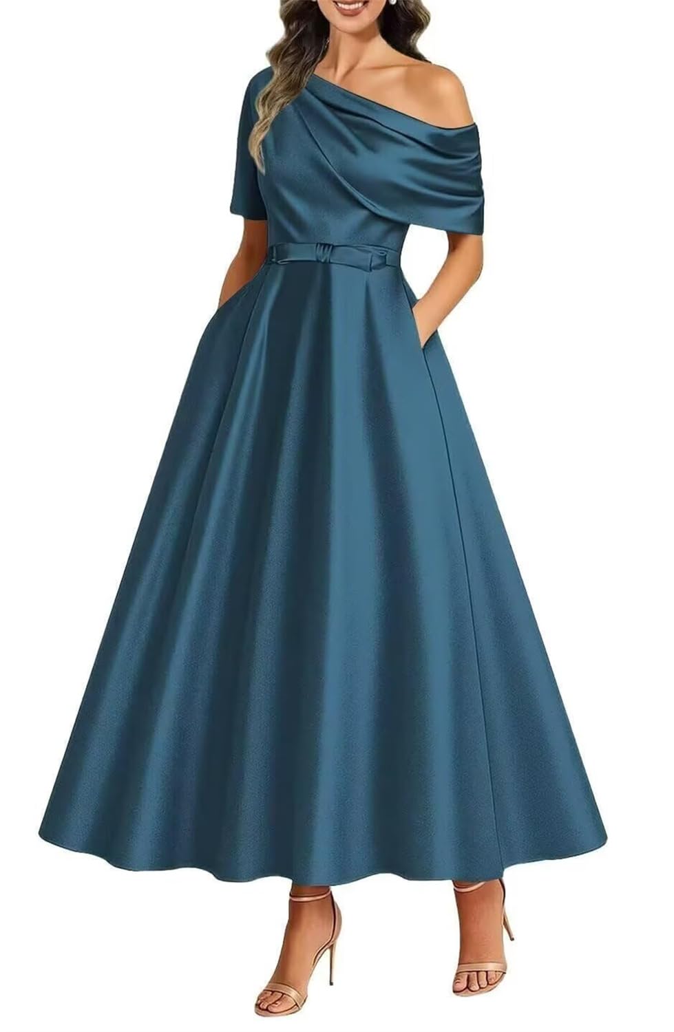 Kiyne Women's Teal Satin Mother Of The Bride Dresses Tea Length For With Pockets A Line Prom Dress Corset Wedding Party Gown Uk12
