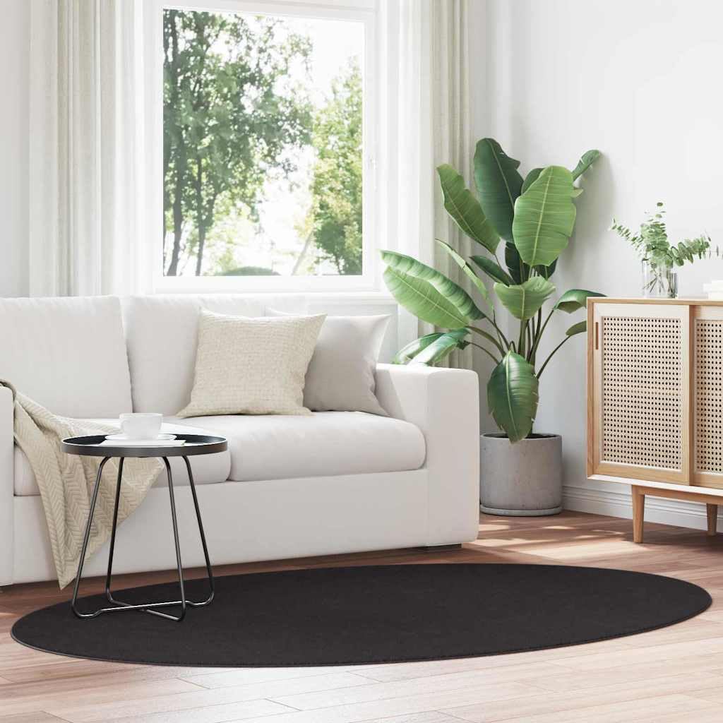 HUARTE Tapis de salon ovale - 140 x 200 cm - Noir - Antidérapant - 100 % polyester - Facile d'entretien et lavable - Pour couloir et salon