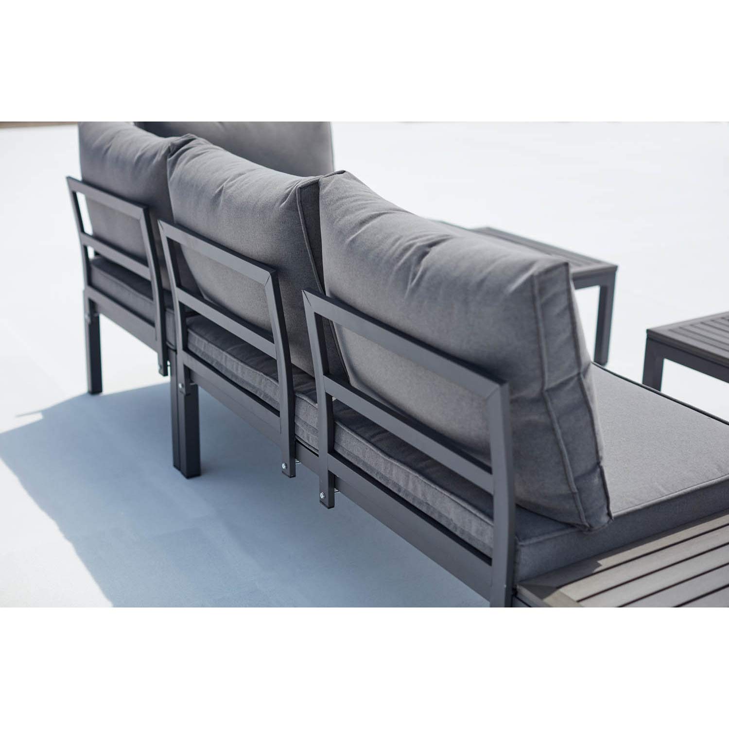 CONCEPT USINE - Salon de Jardin Bas Modulable 4 Places Gris Foncé Design Lolea - Aluminium et Acier - Table Basse Carrée - Dossier Assise Déhoussables - Résistant, Imperméable