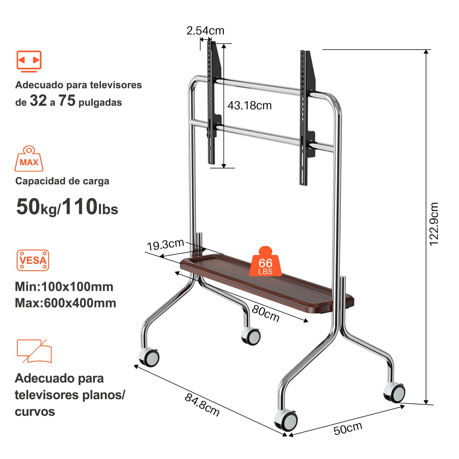 Soporte TV Ruedas para Televisión de 32 a 75 Pulgadas, hasta 50 kg | Con Estante, Tablero Perforado, Giro 360°, Diseño en acero inoxidable, Gestión de Cable, Máx.VESA 600x400mm