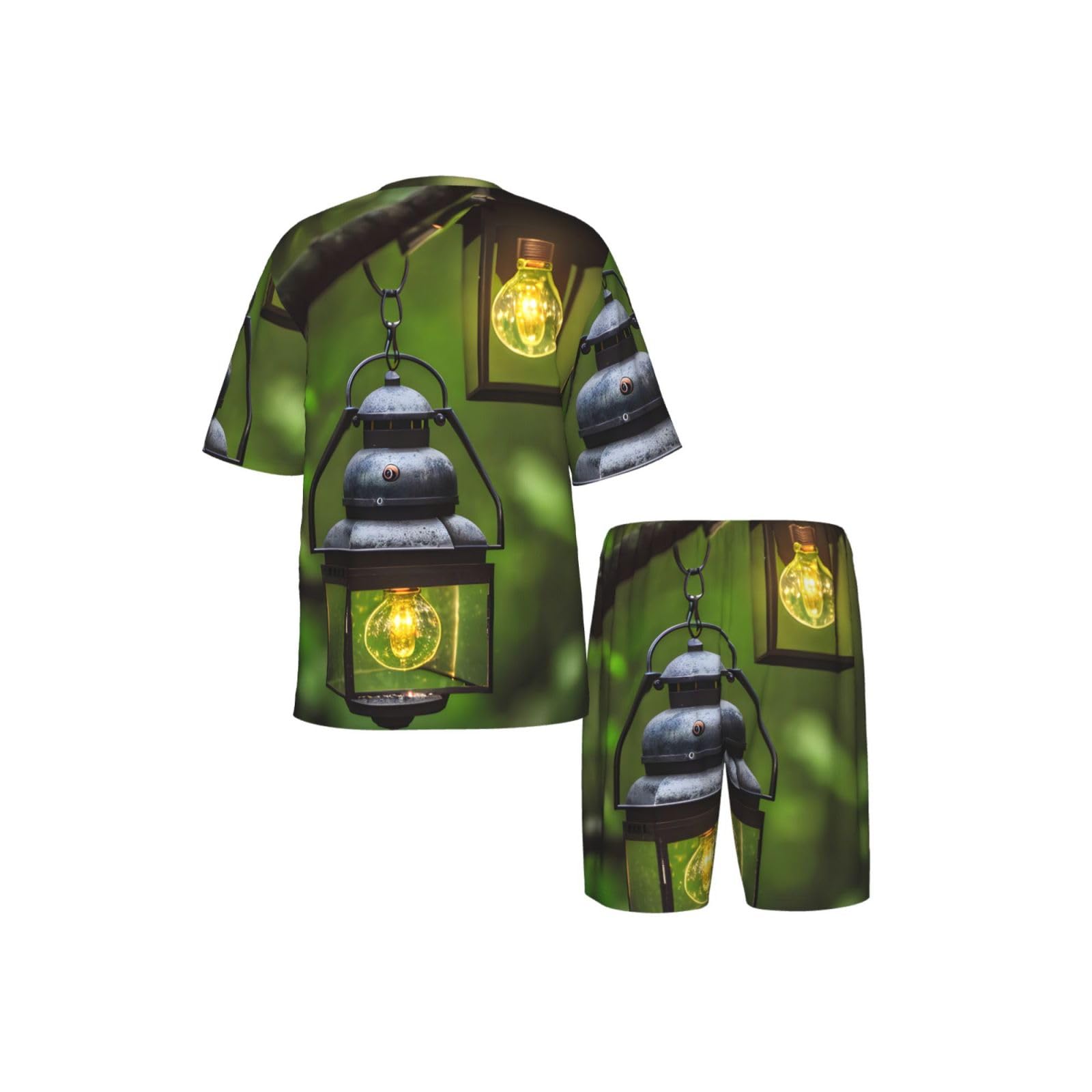 Conjunto de pijama clásico con estampado de luciérnagas y linternas, pantalones cortos de pijama suaves para hombre, perfecto para las noches de verano