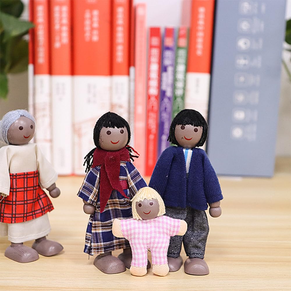 Sarini Set for Dolls House People Family of 7 Wooden Figure, Small Dolls for Girls Lovely Happy Family Dolls Playset Doll House - Image 3