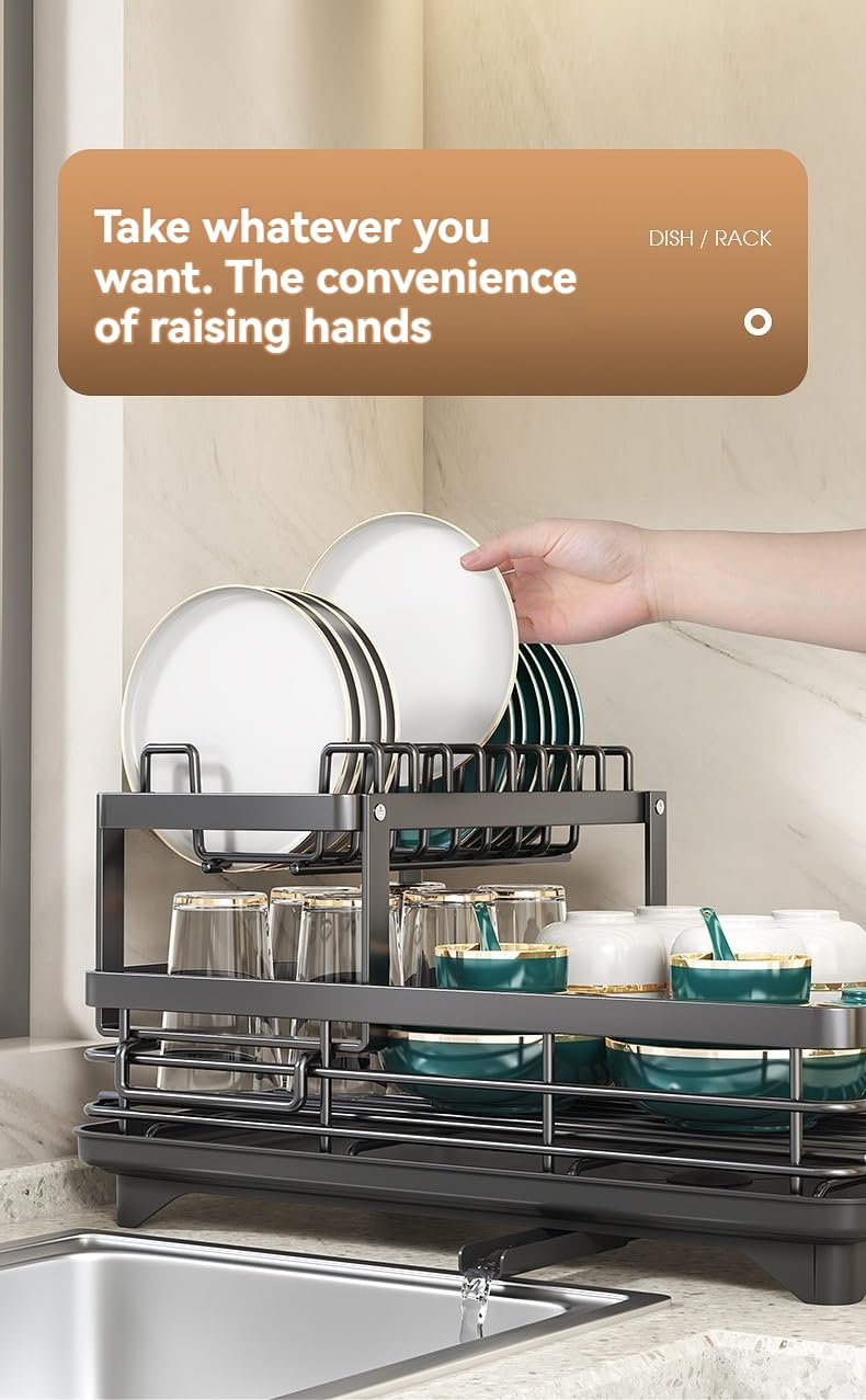 2-stufiger Geschirrtrockner mit Abtropfschale. Rostfreier Organizer für Arbeitsplatte. Abnehmbarer Stauraum mit großer Kapazität für Teller, Schüsseln, Besteck.(Black Single Trumpet)