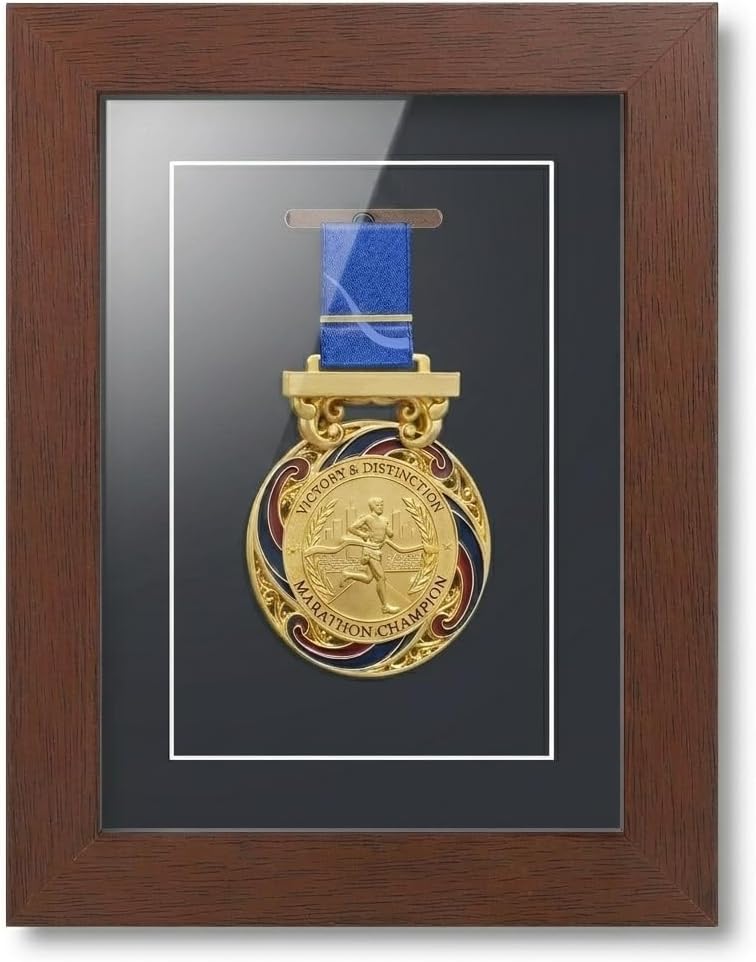 Single Medal Display Case, Walnut Color Shadow Box with Glass, Perfect for Military, Marathon, and Sports Medals