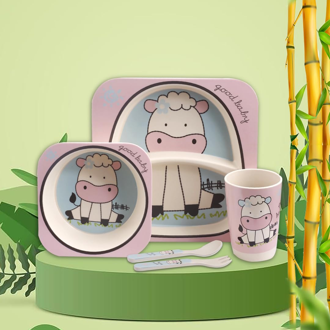 Bamboo Baby Feeding Set - 5-Piece Tableware for Toddlers, Kids & Babies Includes Plate, Bowl, Cup, Spoon, Fork - BPA-Free, Unbreakable Eco-Friendly |Organic & Natural (Calf)