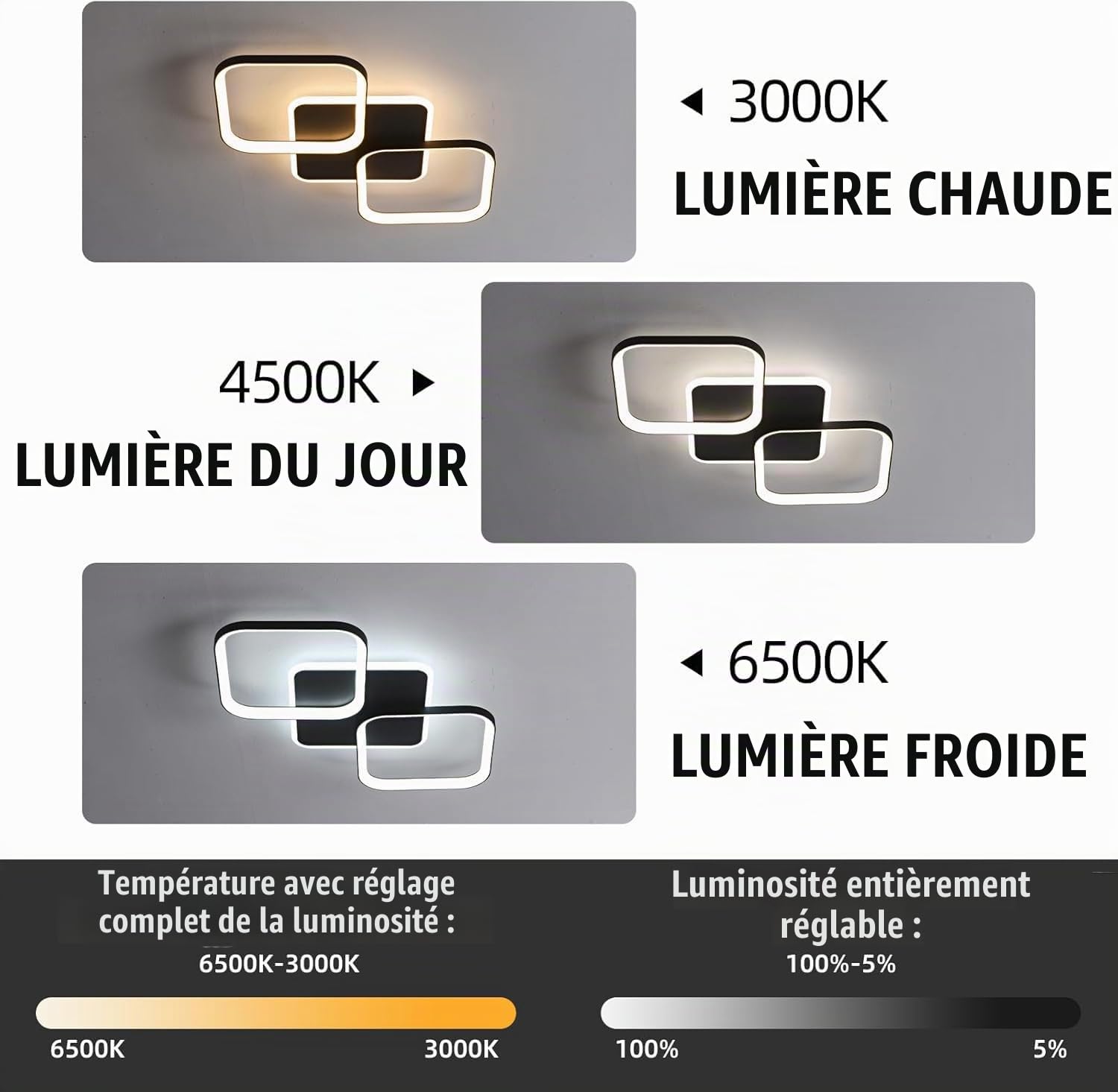 ANTENLICHT Plafonnier LED Moderne Dimmable avec Télécommande, 40W 4500LM Lampe de Plafond Avec Fonction Mémoire, Luminaire Plafonnier LED pour Chambre salon, Salle à manger Cuisine, Noir 50x50x5cm