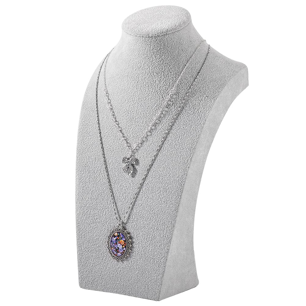 PH PandaHall Busto Espositore Collana in Velluto Grigio Espositore per Gioielli per Collana Legno, 3D Collana a Catena Modello Busto per Gioielli Girocolli Pendenti Catene e Collane, 9.5x17x28cm