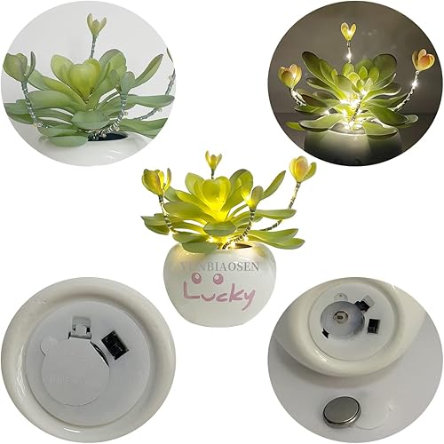 Miniatura 3 de YUNBIAOSEN Flores artificiales suculentas verdes en maceta de cerámica, arreglo artificial de suculentas iluminadas con luces LED, funciona con