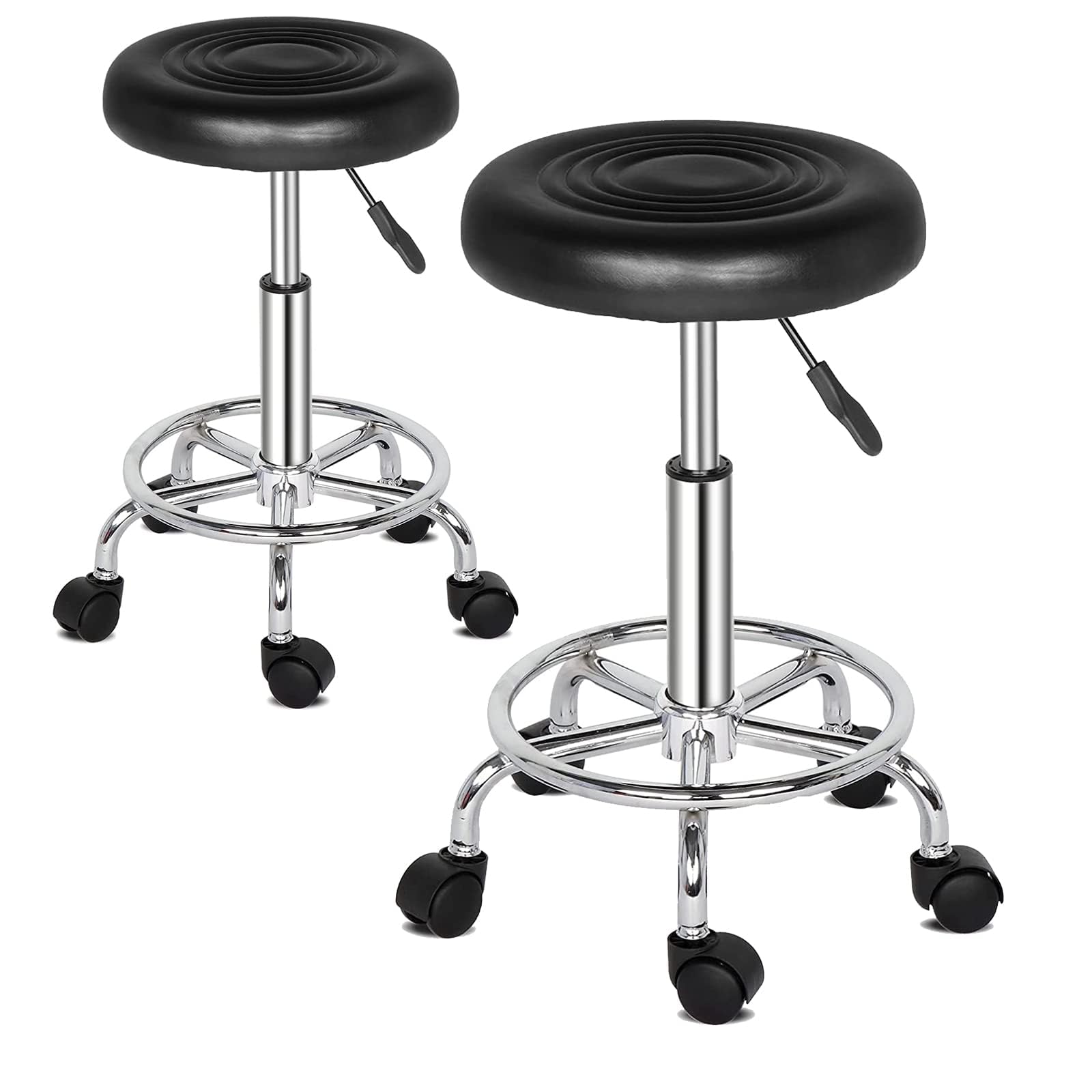 Sgabello con Ruote Regolabile in Altezza in Pelle PU, Sedia da Lavoro Imbottita con Cuscino in Pelle, per Bar, Casa, Parrucchiere,Ufficio (2,Nero)