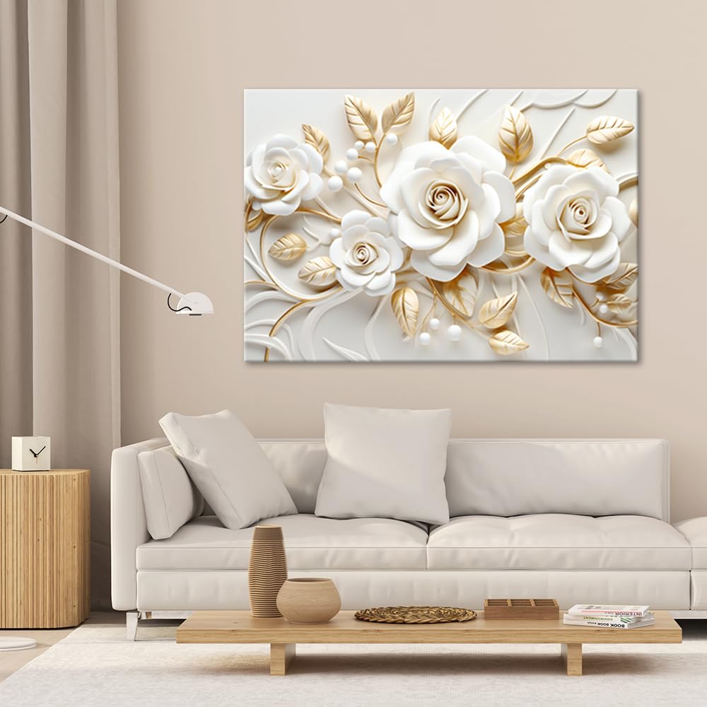 Feeby Quadro 3D Fiori Oro Natura 120x80 cm 1 parte Stampa Murale Decorazione da parete Immagini Moderni per Soggiorno Camera da Letto Ufficio Corridoio Hotel Spa Botanica Motivo floreale bianco
