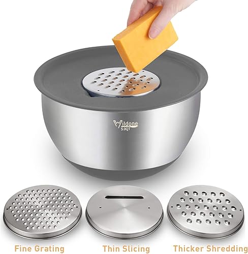 Miniatura 10 de Wildone Juego de cuencos para mezclar con tapas herméticas, 5 cuencos de acero inoxidable para cocina, con accesorios para rallador y parte inferior
