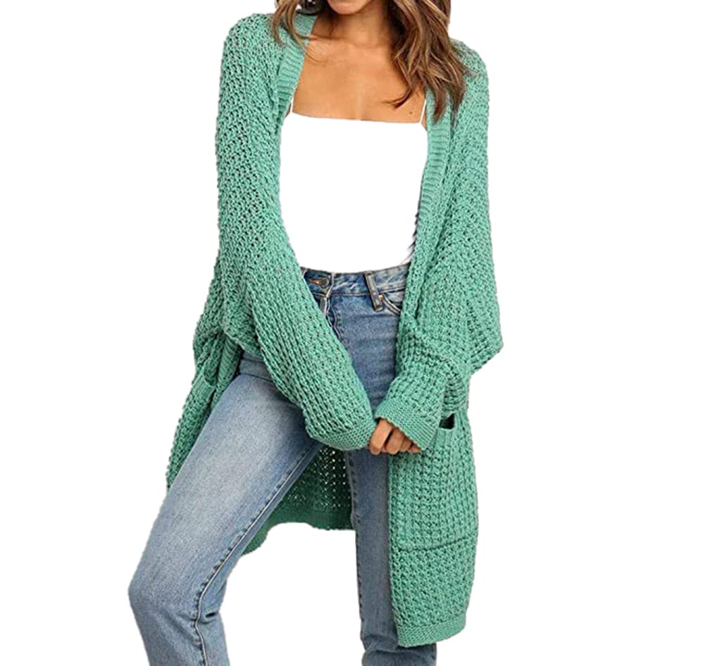 YUNA Womens Open Front Long Sleeve Solid Color Loose Knit Cardigans Sweater Blouses with Pockets