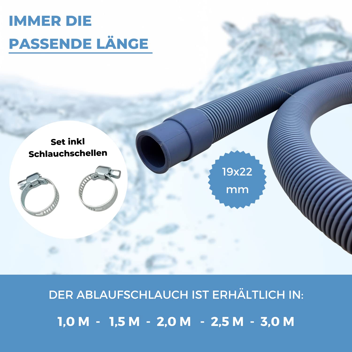 LICHTBLAU Ablaufschlauch Verlängerung 3m Waschmaschine Geschirrspüler | Komplettes Set inkl. Schlauchschellen I Wasserablaufschlauch universell verwendbar Hersteller unabhängig,
