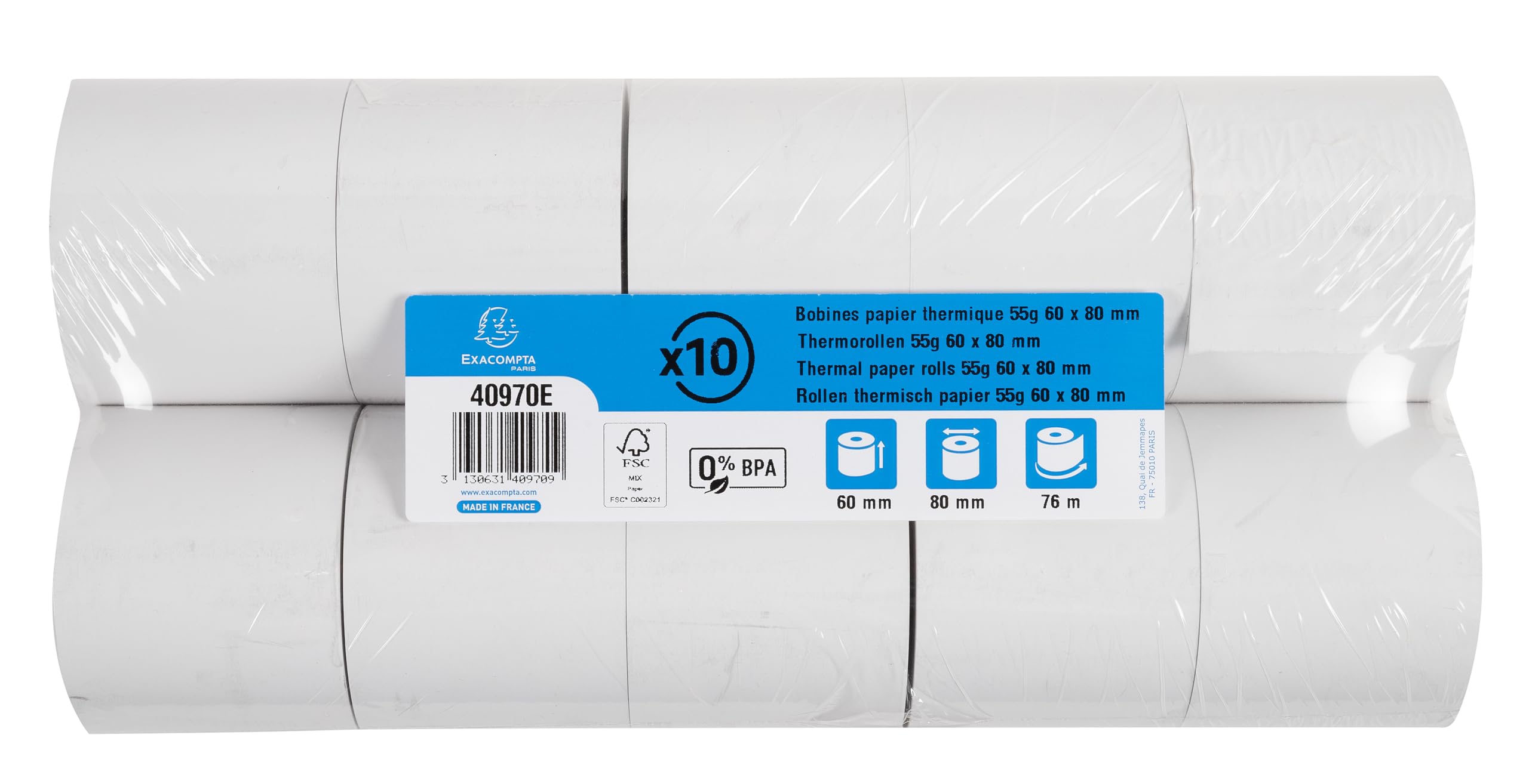 Bobines pour Tickets de Carte Bancaire et Terminal de Paiement 60x80x12x78-1 Pli Thermique 55g/M