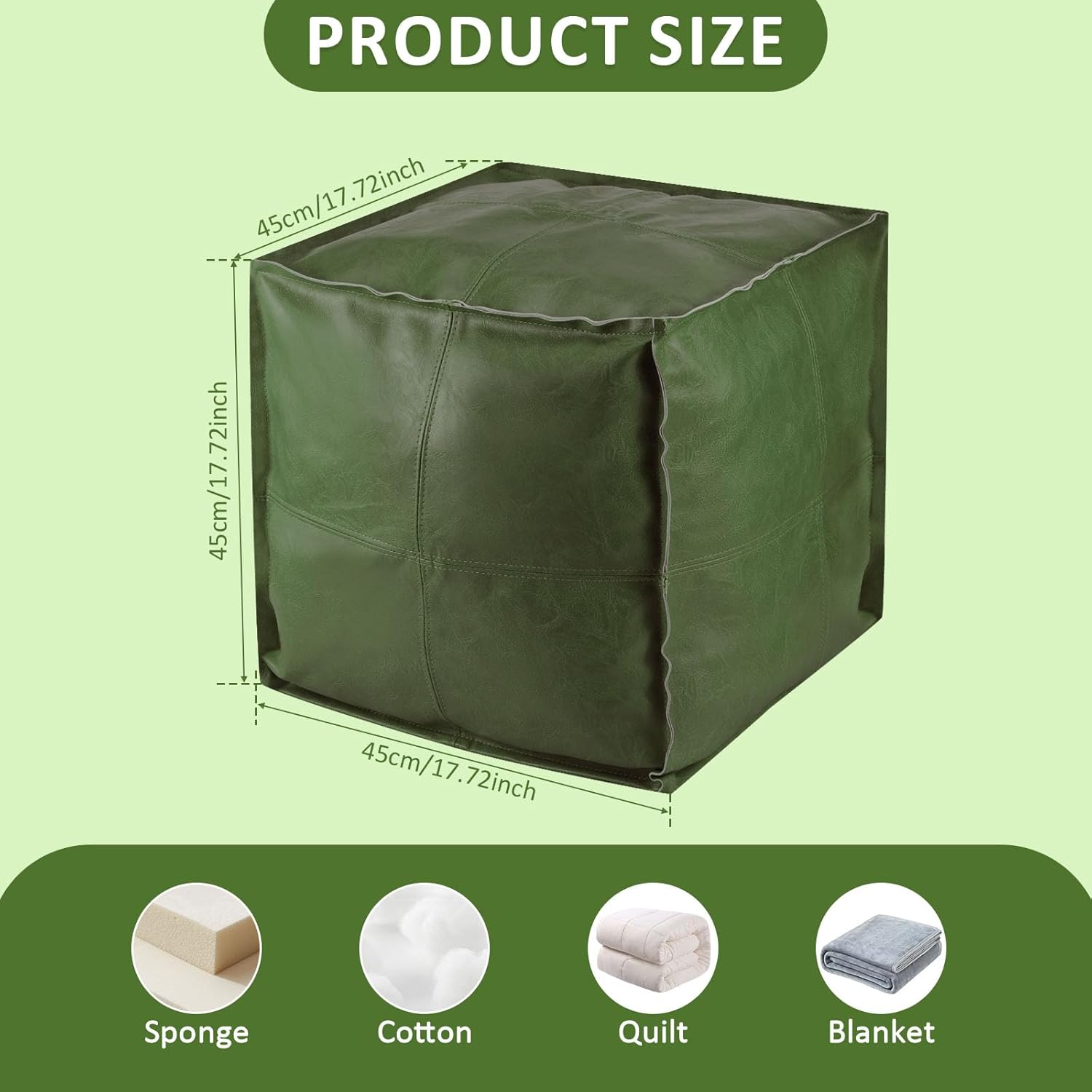 Unstuffed Faux Leather Square Pouf, 17.7 inch Handmade Faux PU Leather Moroccan, Home Play Room Organizer Foot Rest, Waterproof Floor Chair Foot Rest for Living Room Balcony Office (Green)