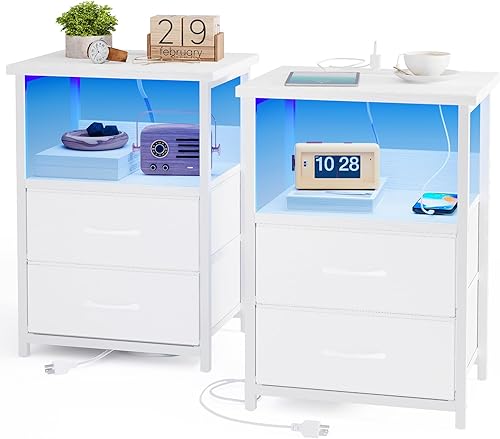 Miniatura 25 de Fixwal Mesita de noche con 3 cajones de tela, mesita de noche para dormitorio, mesita de noche con estación de carga, mesa auxiliar con Marrón