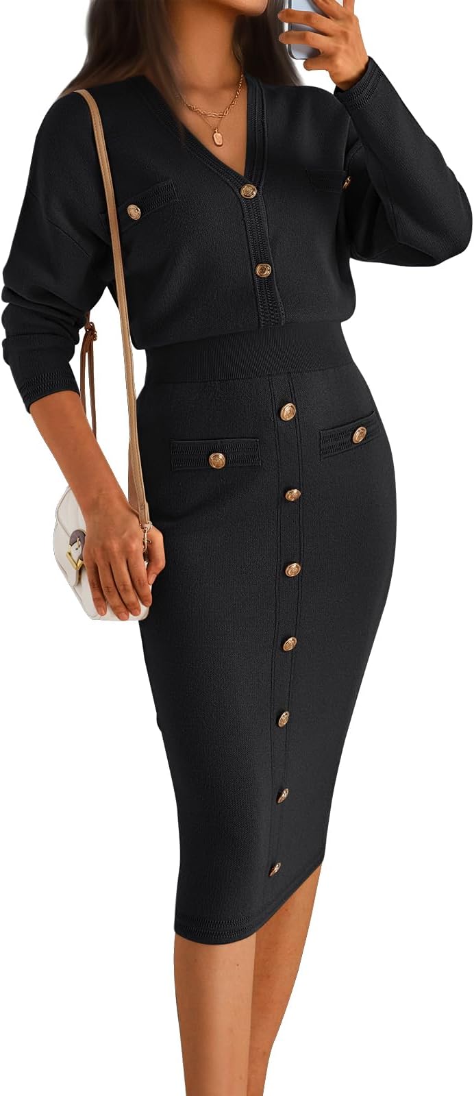 LILLUSORYWomens Lounge Sets 2 Piece Button Down Sweater Dress Two Piece Outfits Winter Spring Clothes Going Out Fall Fahion