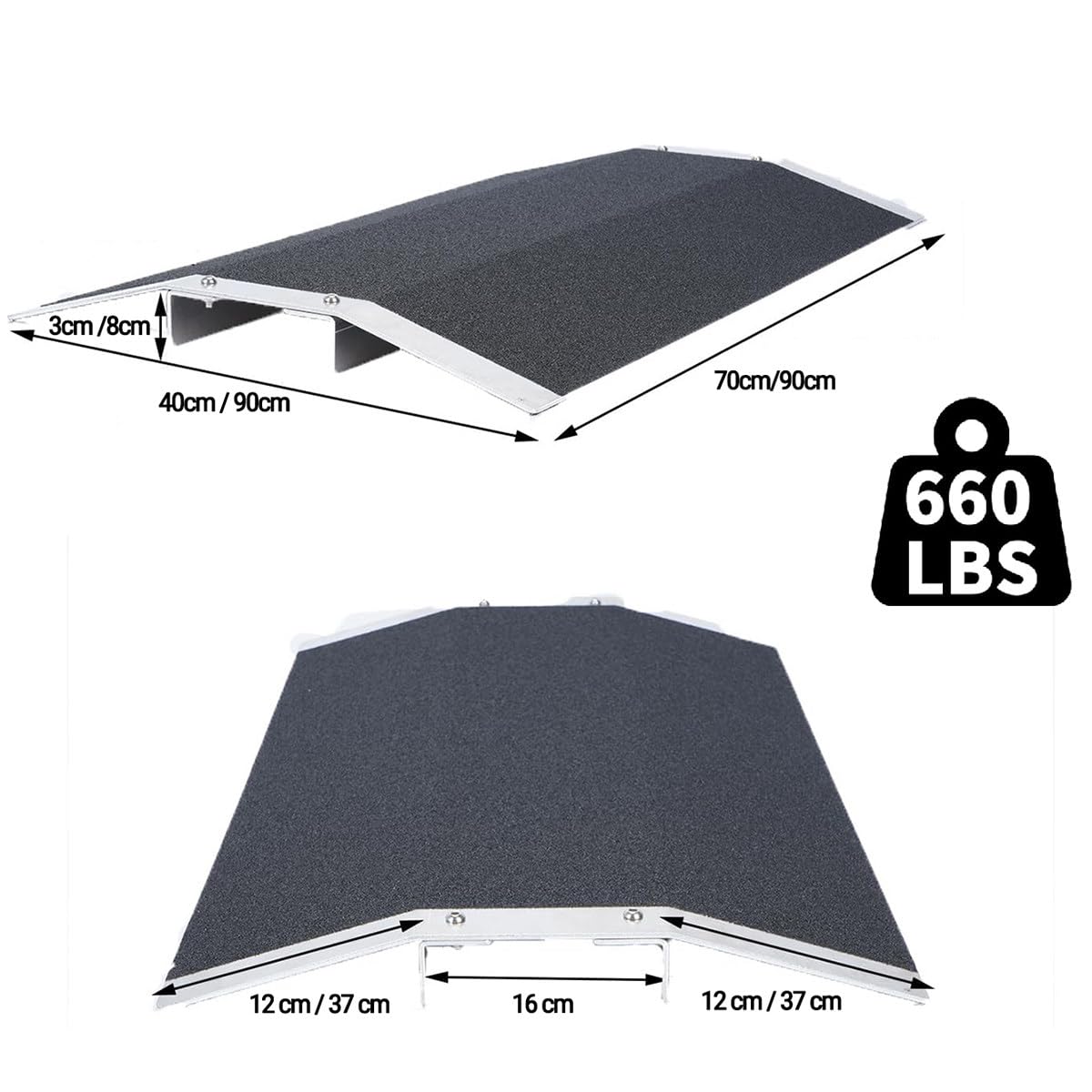 Rampa para silla de ruedas, capacidad de 660 libras, superficie de seguridad antideslizante para puertas, escaleras, escalones y calzadas, 8 cm de alto, diseño duradero