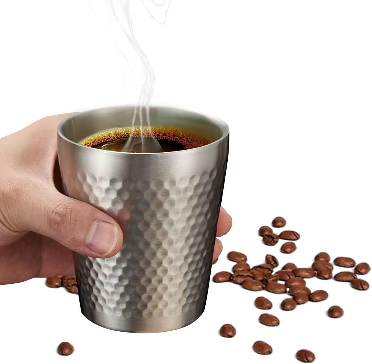 Stainless Steel Espresso Cup-2 pcs Set Double Wall Insulated Metal Demitasse Cups 6 oz (175ml) Drinking Coffee Drinking Beverages Diamond Pattern Anti-Slip&Scalding