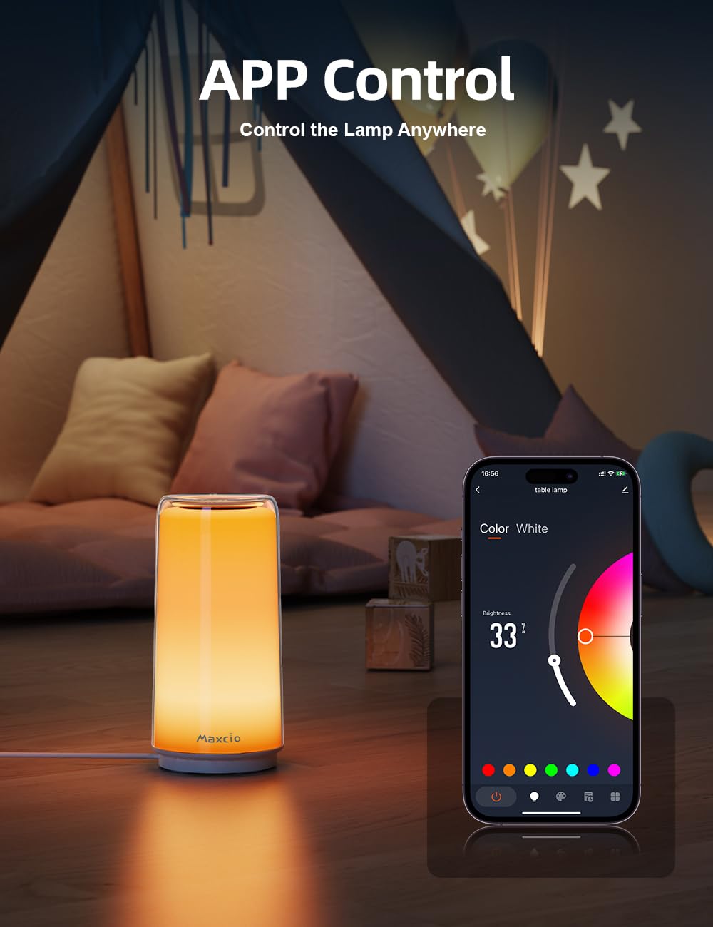 Maxcio Lampada da Comodino Smart, Compatibile con Alexa e Google Home, Lampada da Tavolo dimmerabile, Luce Notturna a LED con Controllo Timer e APP Controllo, RGBCCT Adatto per Camera da Letto