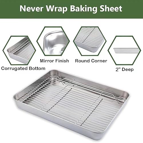 Miniatura 3 de TCOOME - Juego de bandeja para hornear con estante 1 bandeja para galletas + 1 estante de refrigeración, sartén para hornear de acero inoxidable y