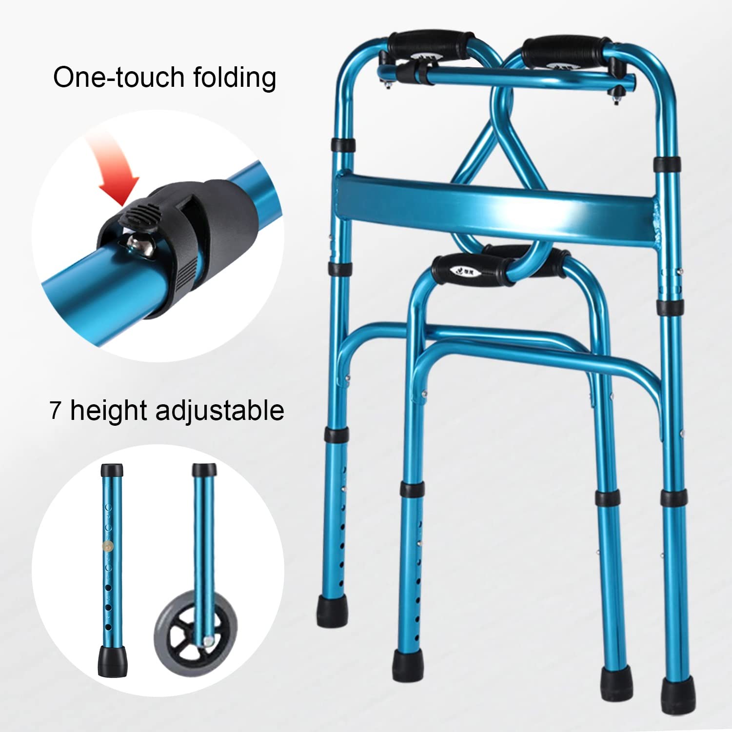 Andador plegable con ruedas y asiento suave, andador de aluminio ligero para personas mayores, andador ajustable en altura para ayuda de movilidad y rehabilitación
