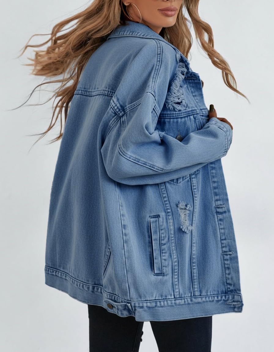Oversize Denim Jacket for Women Ripped Jean Jacket Boyfriend Long Sleeve Trucker Coat