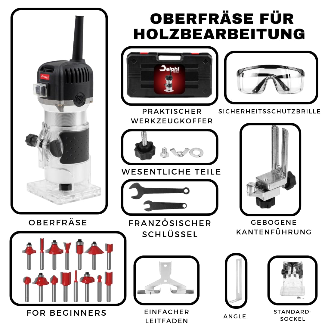 DELPHI Holzfräse Oberfräse Electric Hand Holz Fräsmaschine mit Koffer - 12 Set Zubehör 800 W 330000 R/min 6,35 mm - Wood Router Kantenfräse Handpalmenfräser für die Holzbearbeitung