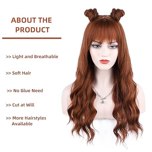 Miniatura 9 de ENTRANCED STYLES Peluca naranja con flequillo, pelucas largas onduladas naranjas para mujer, peluca naranja y rubia, peluca sintética resistente al