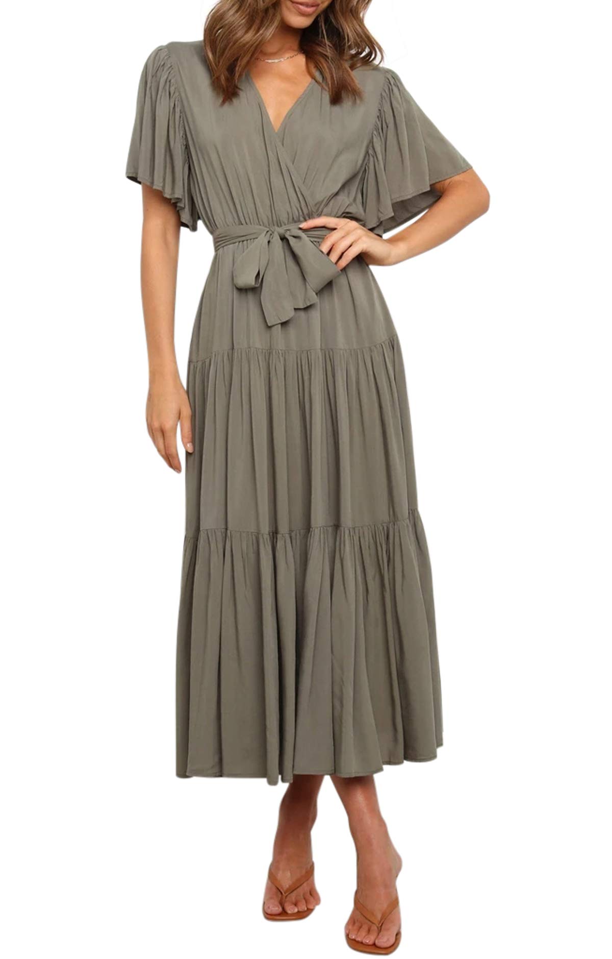 R.Vivimos Summer Dress for Women Cotton Ruffle Short Sleeves V Neck Casual Flowy Midi Dress with Belt