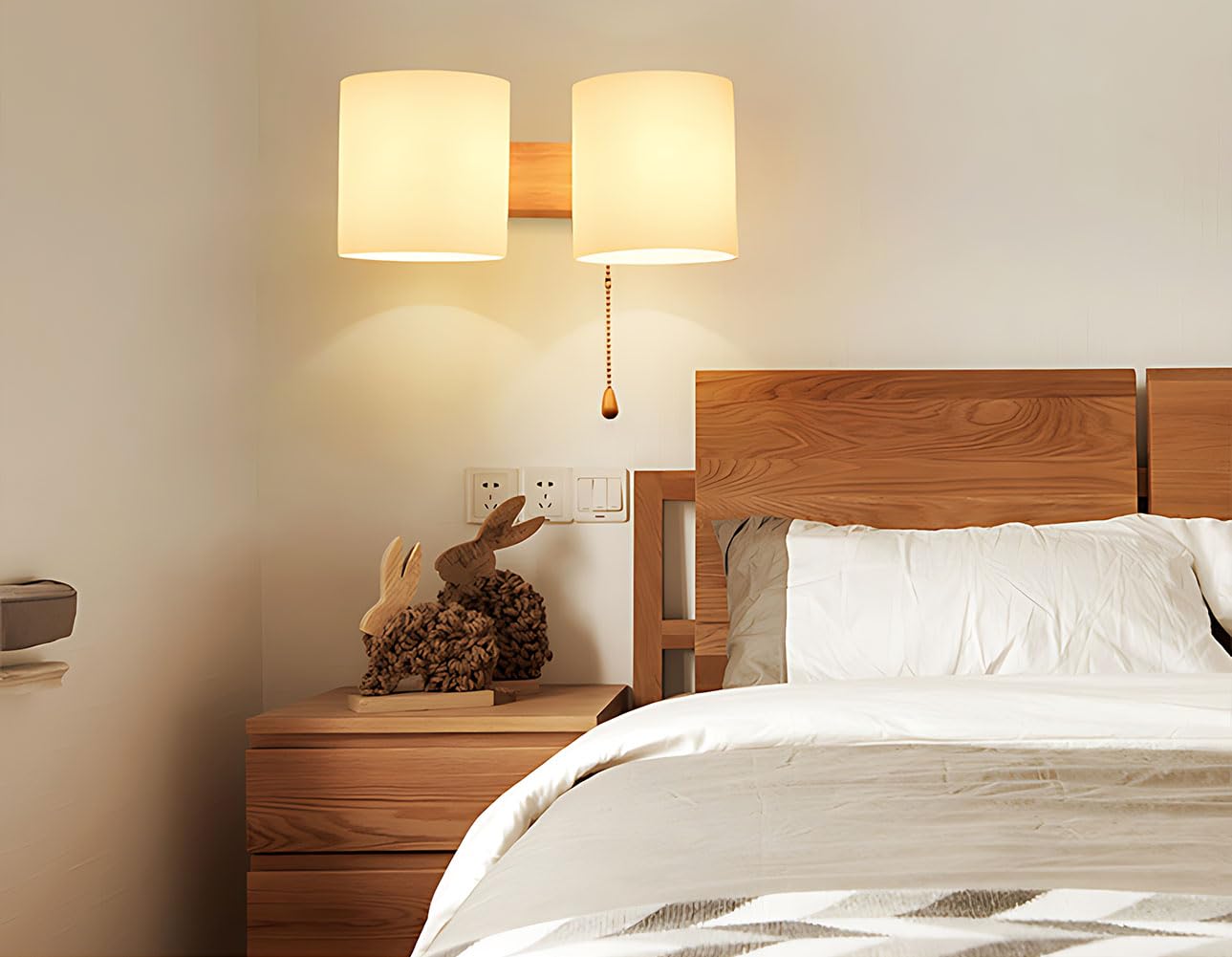 Holz Wandlampe Glasschirm mit Zugschalter 2 Flammig Innen Wandlichte mit Schalter Runde Schlafzimmer Nachttischlampe Glas Lampenschirm Wandleuchte Moderne E27 für Treppe Flur Wohnzimmer