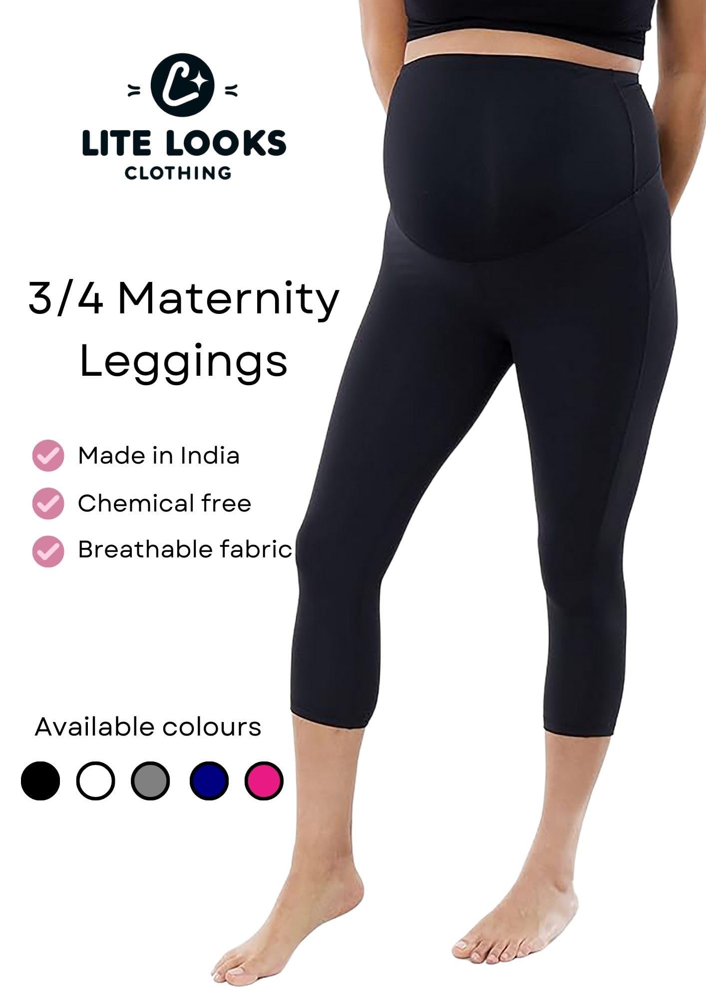 Litelooks Women's Cotton Lycra Over Belly 3/4 Capri Maternity Leggings - Comfortable, Seam-Free, High Waist Support, Stretchable Pregnancy Pants for Pre & Post Pregnancy (in, Alpha, 3XL, BLK - Gry) - Image 2 thumbnail
