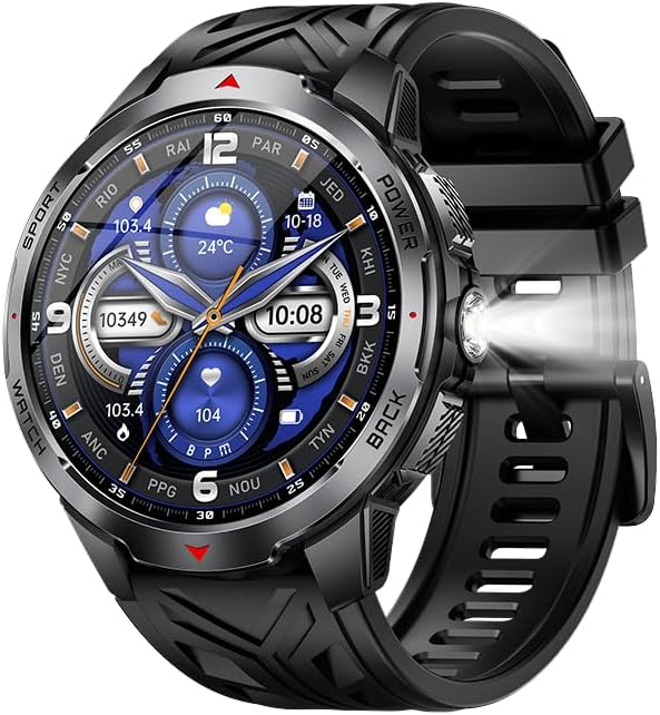 Smart Watch for Men Bluetooth Calling, 30 Days Battery 1100mAh, Large HD Display, Rugged Outdoor with LED Flashlight, Fitness Tracker Heart Rate SpO2 Sleep Monitor, Android iOS Compatible, Dual Strap