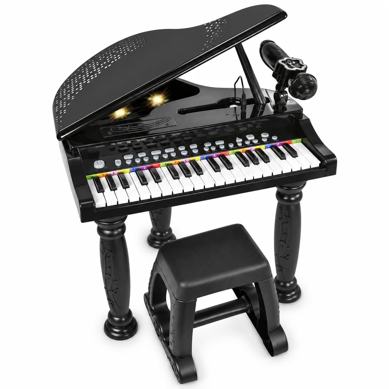 Piano pour enfants avec tabouret, clavier électronique 37 touches avec microphone, connexion MP3, smartphone, piano fonctionnel, bases rythmiques, haut-parleur, fonction enregistrement, lecture (A)