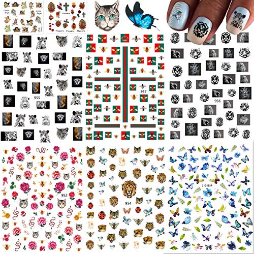 Nail Art Stickers Decals ARYIKEOL 3D Self-Adhesive Nail Stickers for Nail Art Design Animal Snake Tiger Leopard Lion Bee Butterfly Flower Nail Decals for Nail Art DIY(8 Sheets)