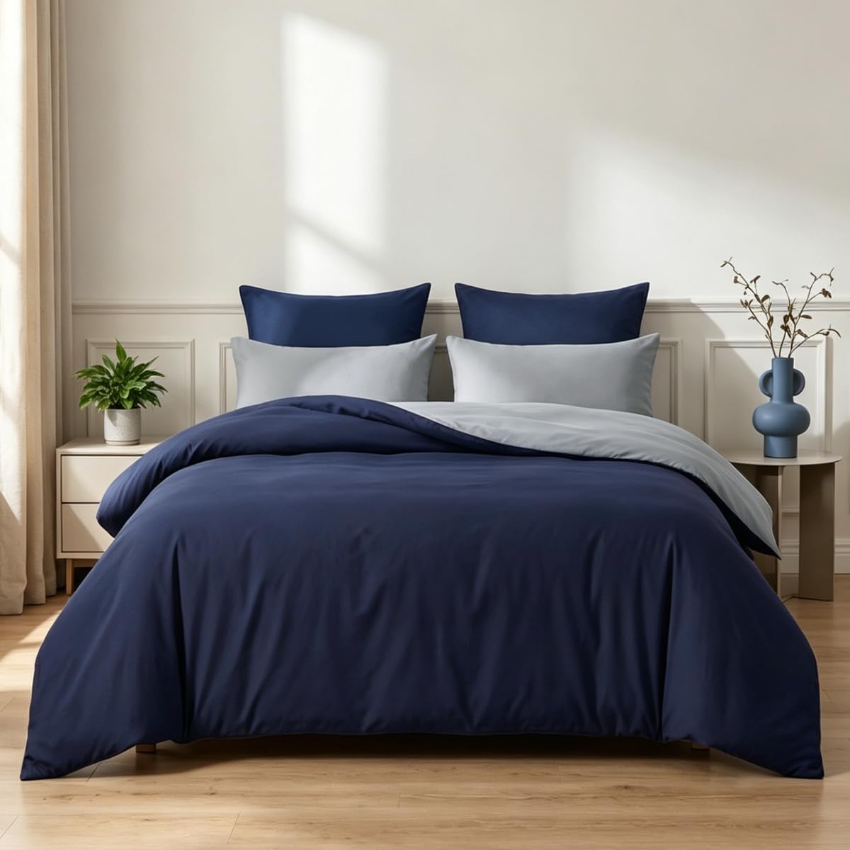 Soifox King Size Duvet Cover Sets, 3 Piece Microfiber Reversible King size Bedding Bed Set Navy and Grey, Soft and Non Iron Quilt Duvet Covers with 2 Pillowcases 50x75cm