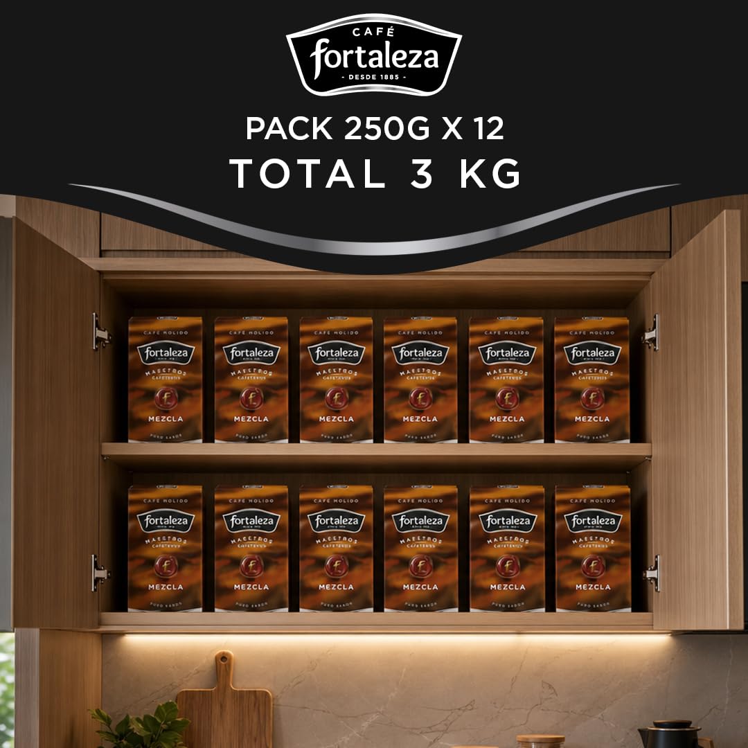 CAFÉ FORTALEZA Café Molido Intenso con Tueste Natural y Torrefacto Pack 250g x 12 - Total 3 Kg - Café Molido Arábica y Robusta con Matices Avainillados para Cafetera Italiana con Sabor Pleno