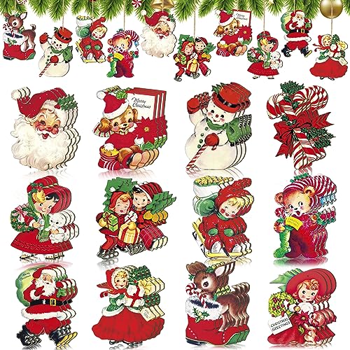 Image of 24 Pcs Christmas Wood Hanging Ornaments Vintage Christmas Decorations for Tree Xmas Santa Claus Bell Candy Cane Wood Cutout Winter Hanging Tag Sign for Xmas Tree Party Holiday