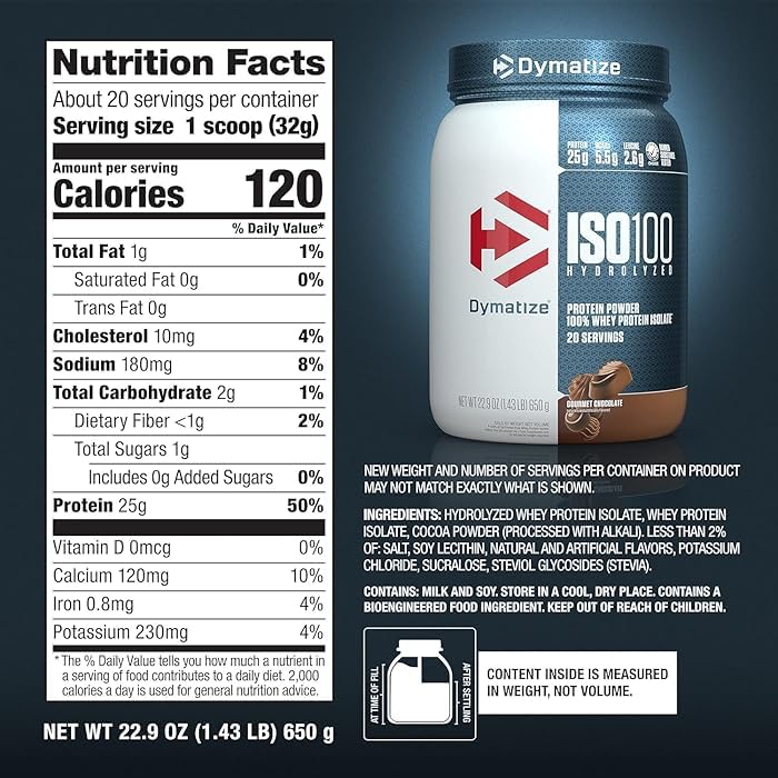 Image of Dymatize ISO100 Hydrolyzed Protein Powder, 100% Whey Isolate Protein, 25g of Protein, 5.5g BCAAs, Gluten Free, Fast Absorbing, Easy Digesting, Gourmet Chocolate, 3 Pound (42 Servings)
