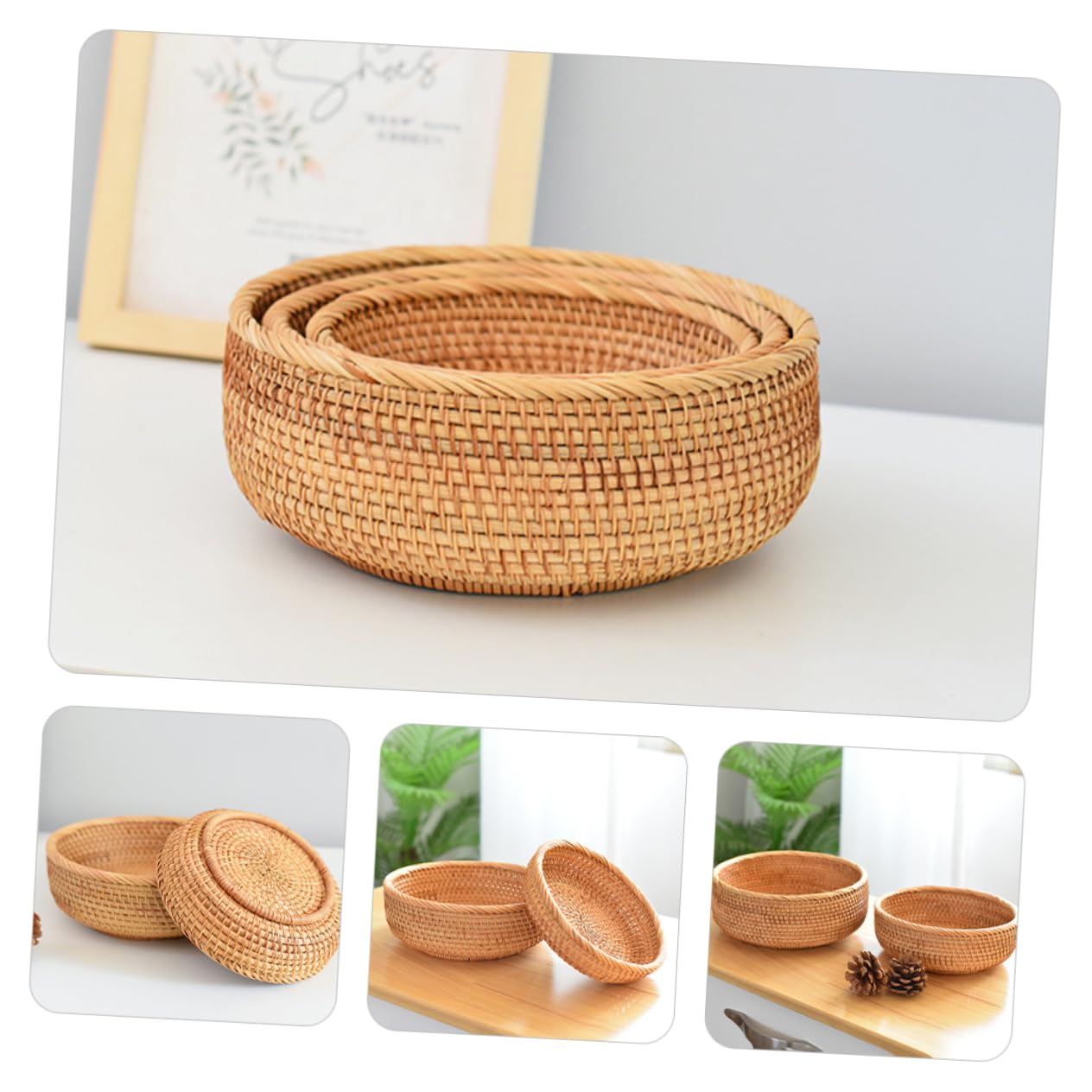 Cabilock Vietnamese Rattan Handmade Storage Basket Candy Serving Baskets Rattan Display Basket Wicker Storage Basket Rattan Basket Rattan Fruit Basket Decorative Baskets Woven Basket Khaki