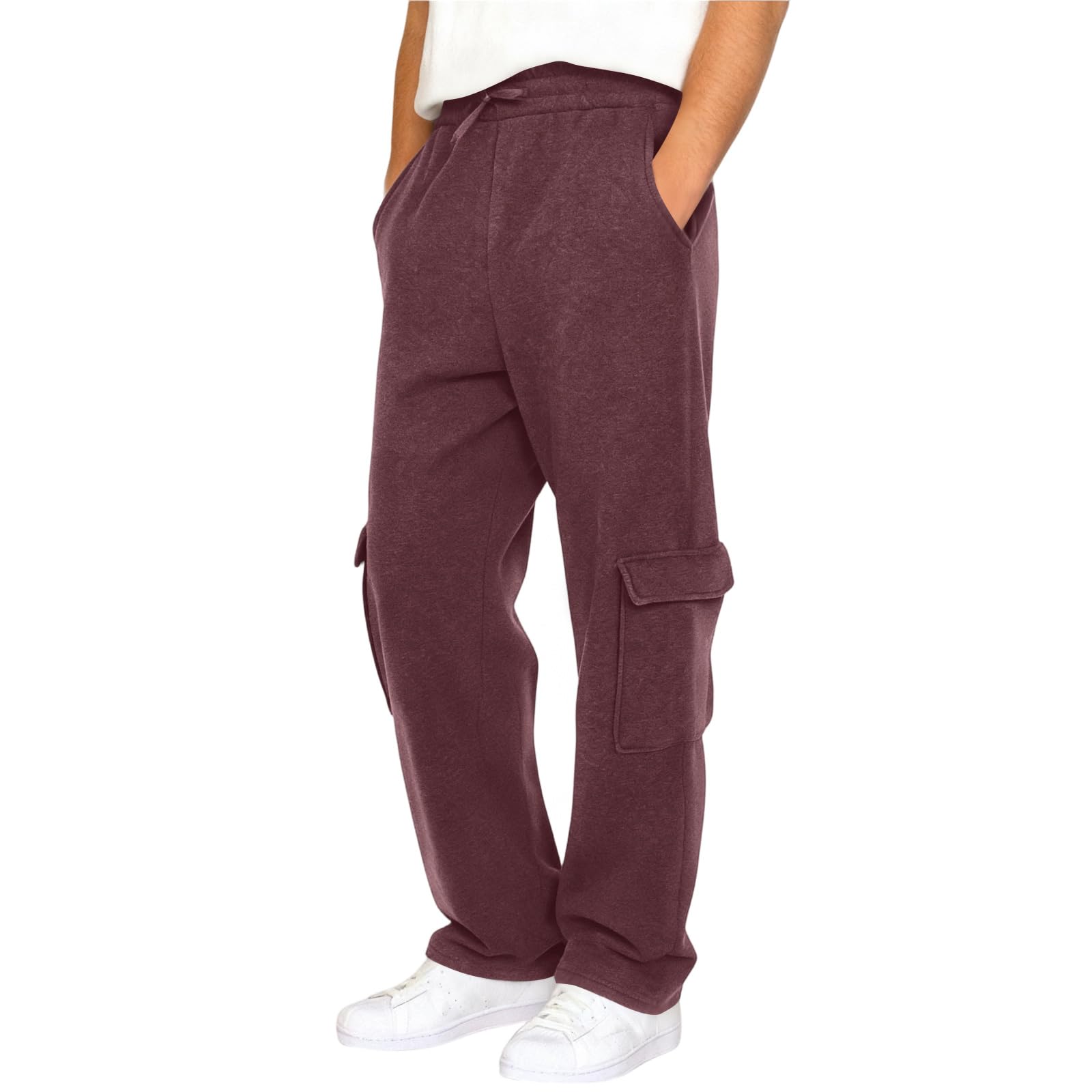 Cargo Sweatpants for Men Baggy Drawstring Waist Straight Leg Sweatpants Open Bottom Fleece Hiking Pants with Pockets