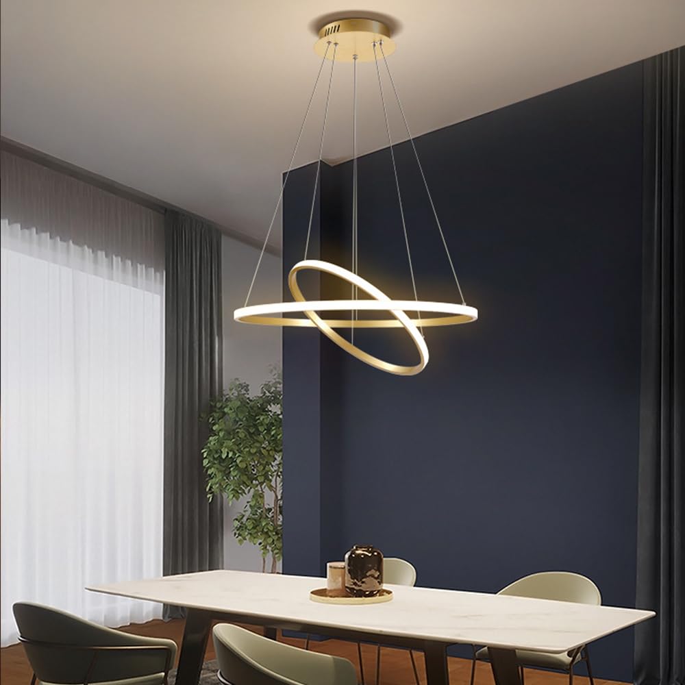 Lámpara Colgante LED, Moderna Colgante de Techo Altura Regulable 2 anillos Comedor Lamparas de Techo realizado Araña para Dormitorio salones Cocina Oficina mesa de comedor redondo Creativo (Dorado)