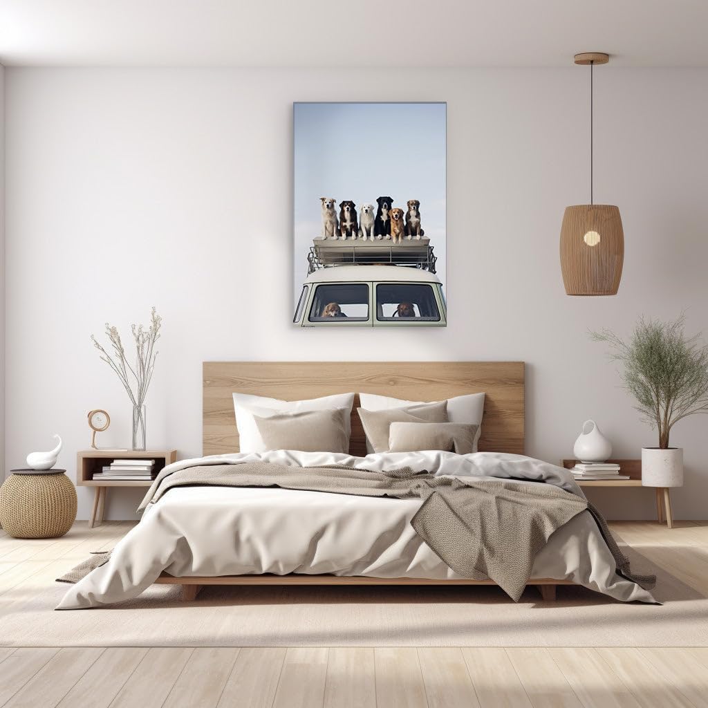 Canvas for Living room. Seven Canine Companions Command the Rooftop Lookout Against a Serene Blue Sky, 27 x 18 inch Canvas Wall Art - Modern Home Decor - 69x46 cm (27x18 inch)