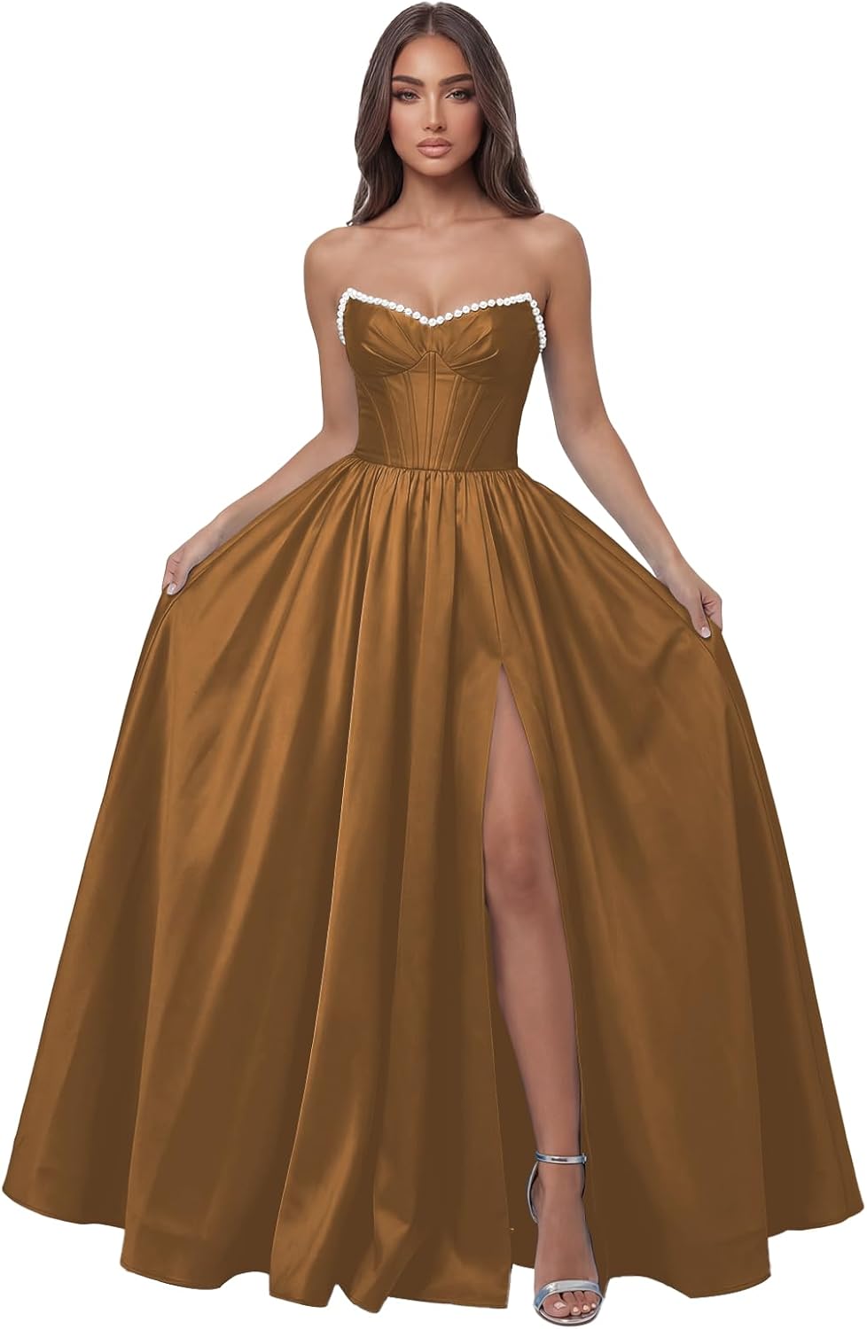 Long Strapless Burnt Orange Ball Gowns for Teens Plus Size 2026 Satin Pleated Formal Dresses with Pockets A-line Pearl Corset Slit Prom Dress Size 22W