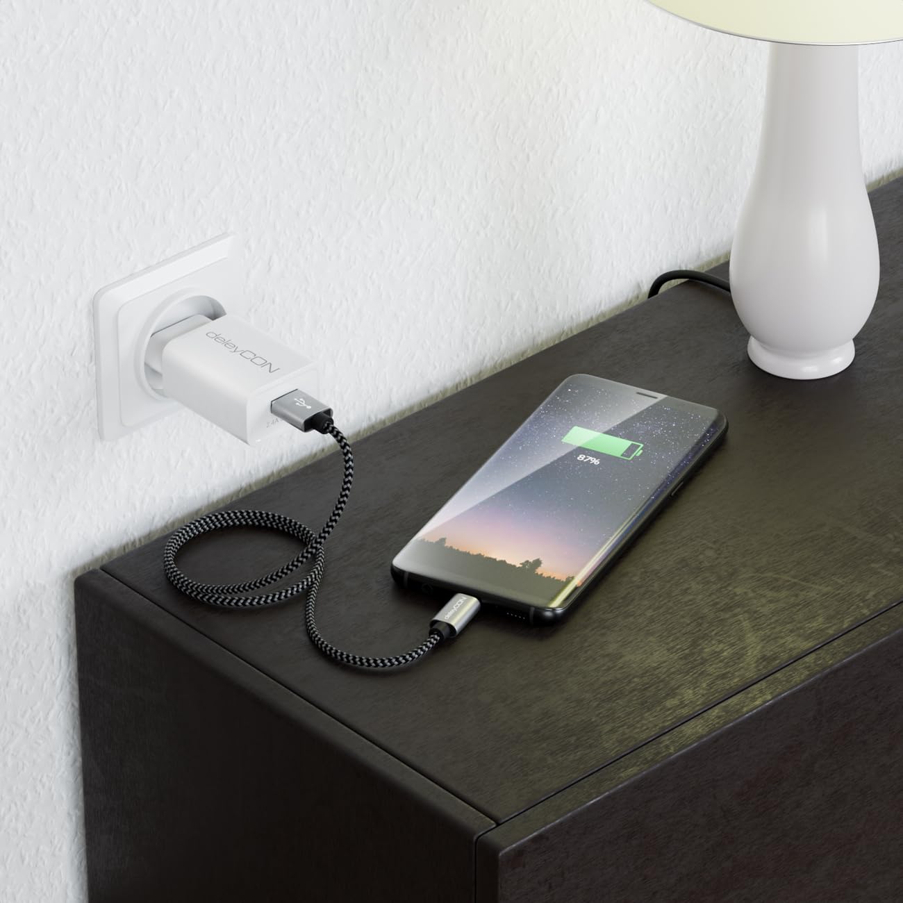 deleyCON 0,30m Nylon Cavo USB-C 30 cm Corto Cavo di Ricarica Cavo Dati USB Tipo C Spina in Metallo Ricarica e Sincronizzazione di Telefono Cellulare e Smartphone