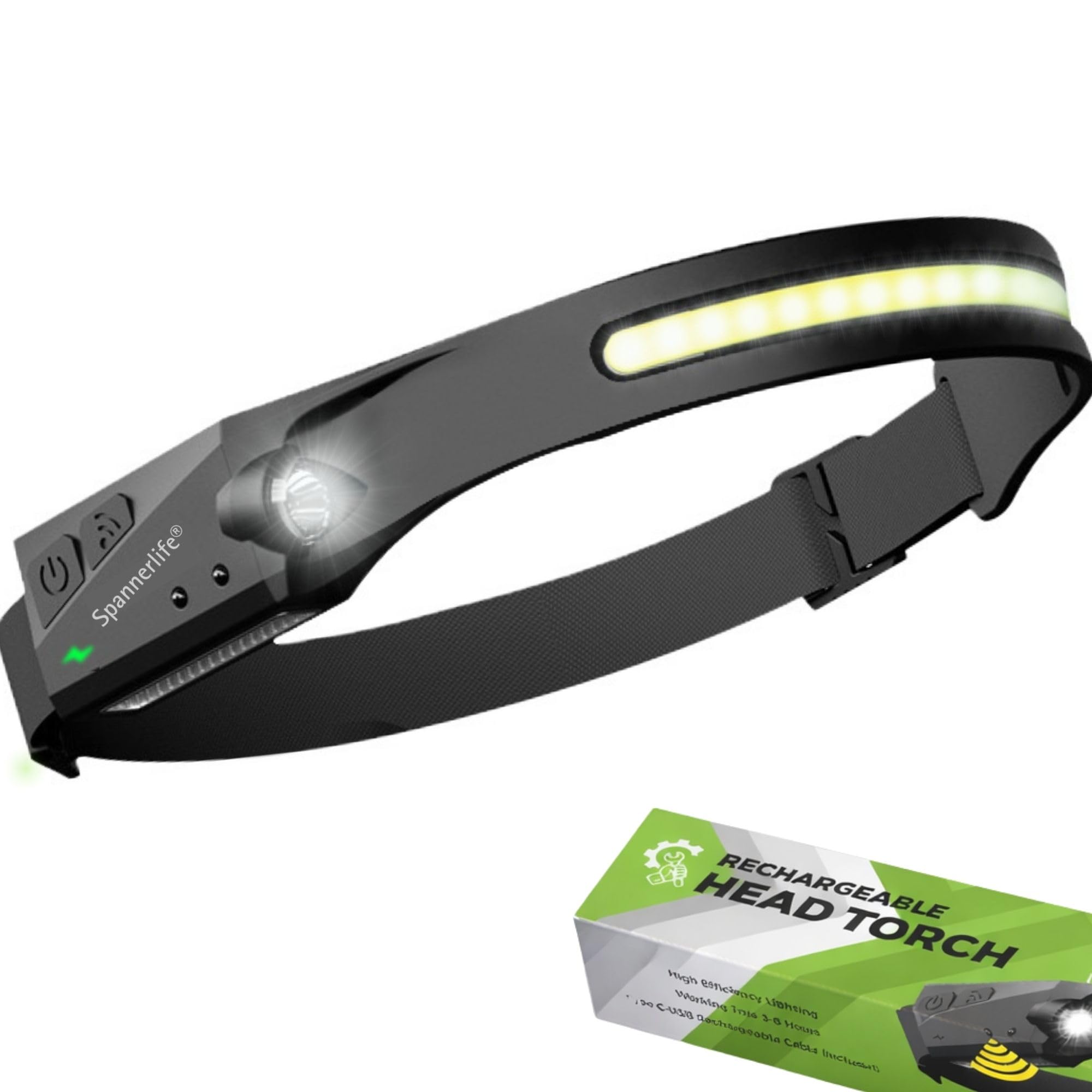 Spanner In The Works Black Led Head Torch Rechargeable Waterproof With Motion Sensor, Usb-C Rechargeable Head Torch For Running, Waterproof Headtorch Helmet Light