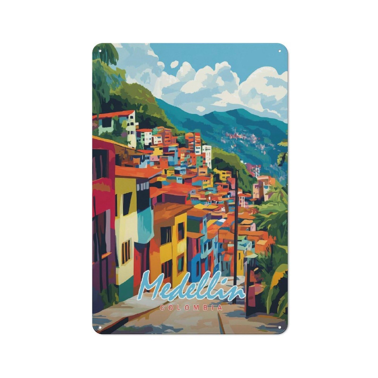 Junmoney Style-6 Retro Metal Wall Sign 30X20cm Featuring Medellin Cityscape(2) For Garage Wall, For Garage, Workshop And Man Cave Decoration