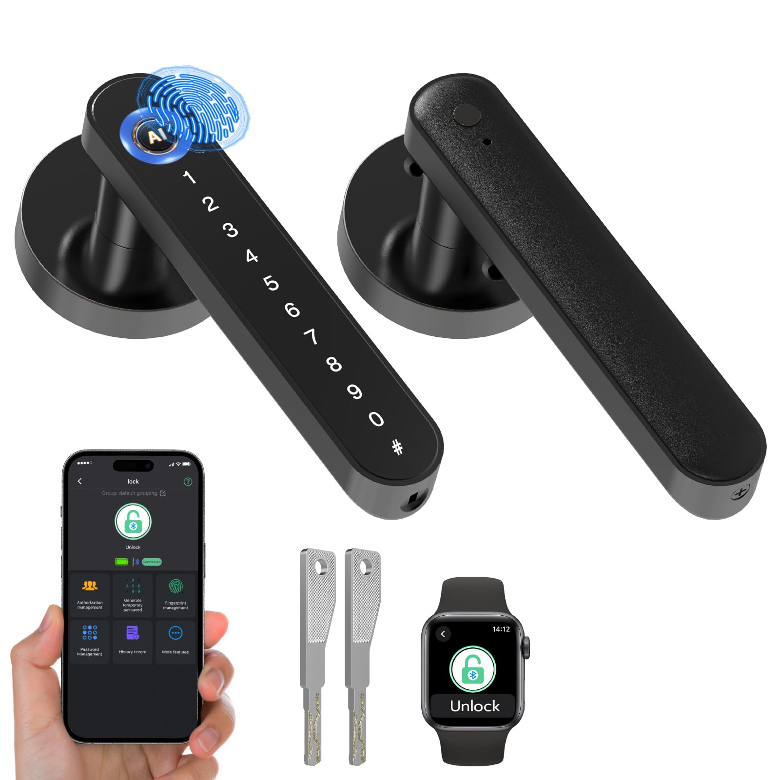 Anweller 5-in-1 Smart Door Lock, Biometric Fingerprint Door Lock with Code APP Keyless Entry Smart Lock Door Handle for Bedroom Home Hotel Black